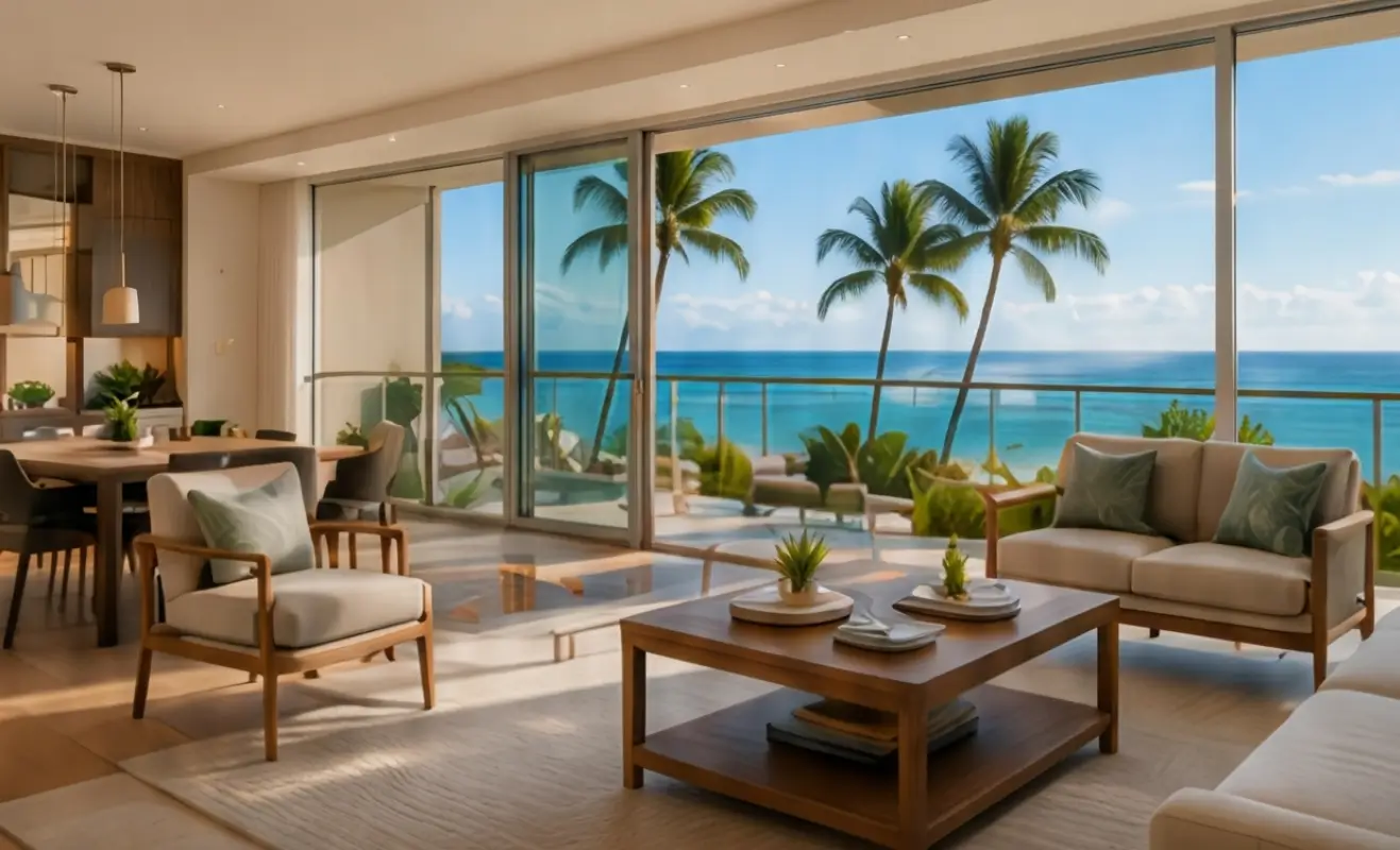 Luxury Hawaiian living room view facing the ocean